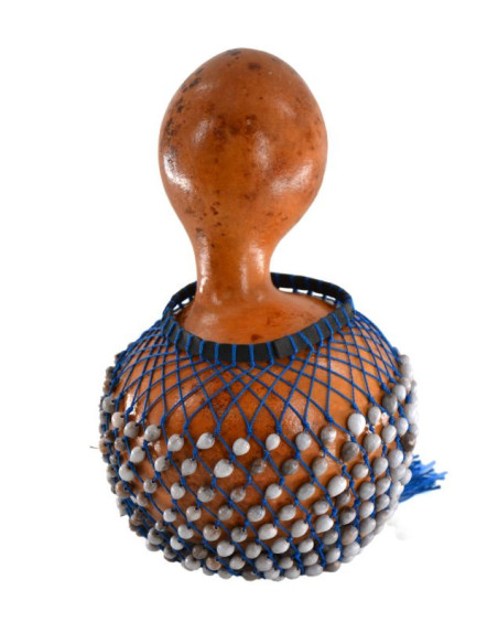 Chekere à poignée avec graines grises - Ø 18 à 22cm - Ghana