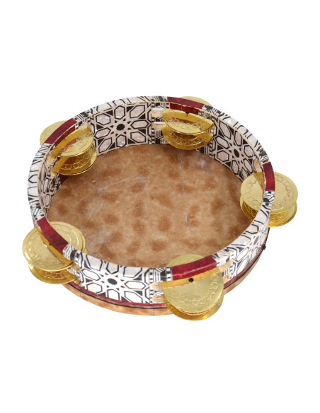 Riq peau de raie - double rangée cymbalettes dorées - Ø 23 cm H.6 cm - Maroc
