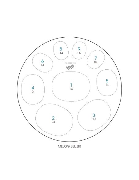 Spacedrum Evolution 9 notes - 60 cm - Melog Selizir - Schéma notation en anglais