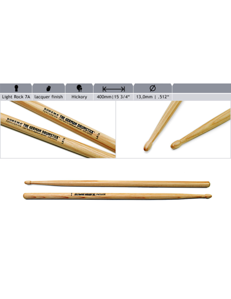 Baguette de batterie Light Rock 7A Hickory - la paire - ROHEMA
