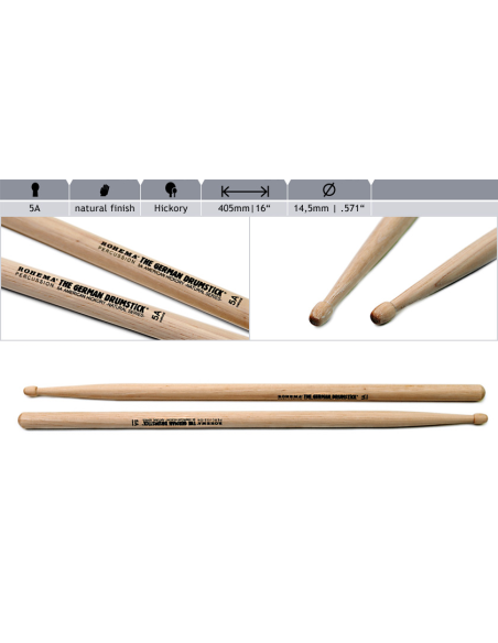 Baguette de batterie Natural 5A Hickory - la paire - ROHEMA