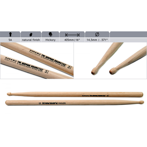 Baguettes batterie Natural 5A Hickory Rohema